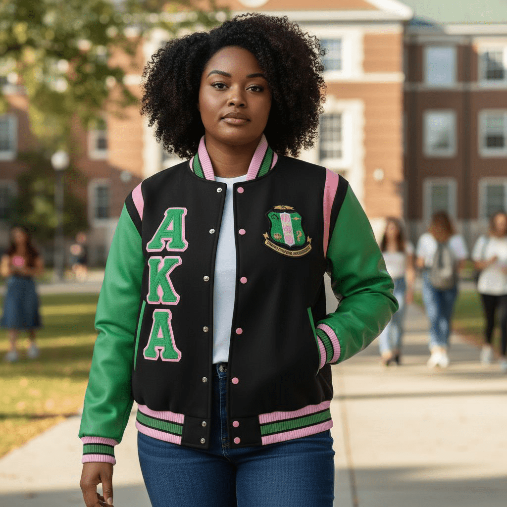 Alpha Kappa Alpha AKA Varsity Letterman Jacket - Black Wool & Leather Sorority
