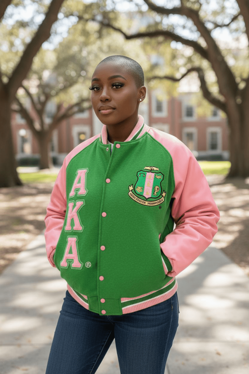 Alpha Kappa Alpha AKA Varsity Letterman Jacket - Green Wool Pink Leather Sleeves Sorority