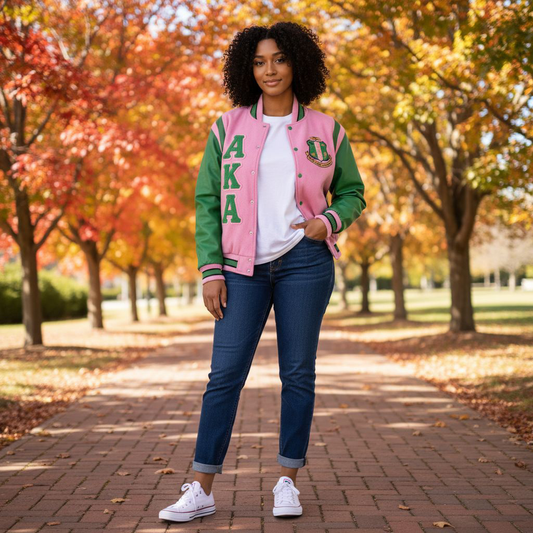Alpha Kappa Alpha AKA Varsity Letterman Jacket - Pink Wool Green Leather Shoulder Sorority