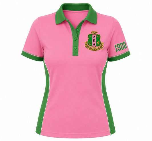 Alpha Kappa Alpha Women's Pink & Green Polo Shirt | Embroidered Crest & 1908 Sleeve