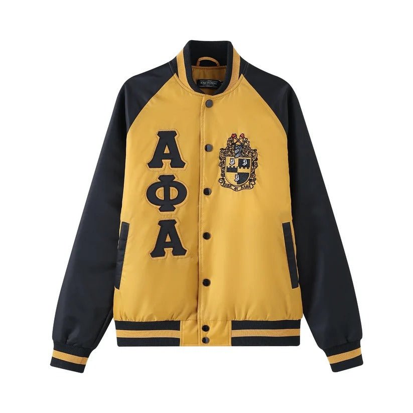 Alpha Phi Alpha Bomber Jacket Old Gold Nylon - Custom Lining Embroidered Logos Fraternity