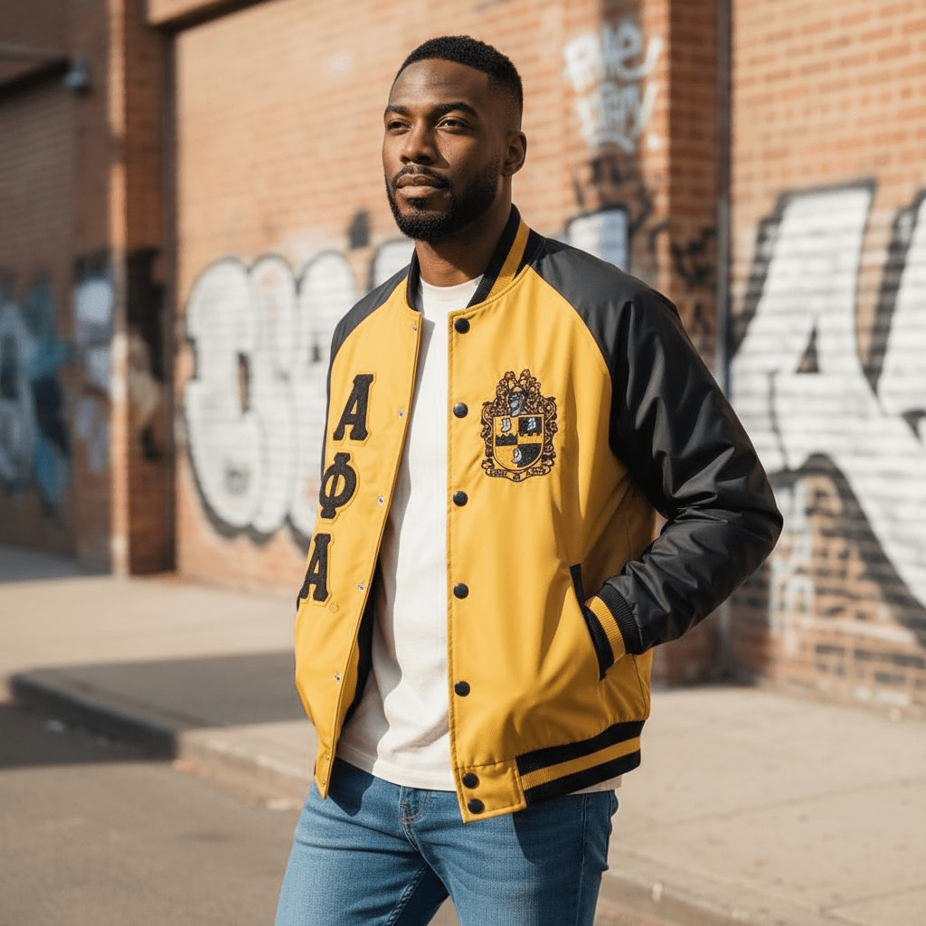 Alpha Phi Alpha Bomber Jacket Old Gold Nylon - Custom Lining Embroidered Logos Fraternity