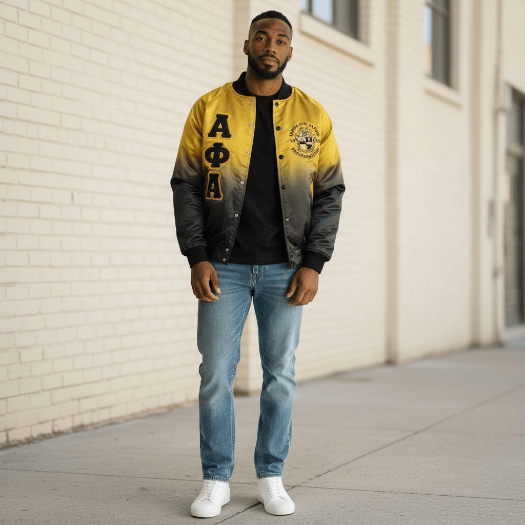 Alpha Phi Alpha Faded Bomber Jacket - Old Gold to Black Fade Satin Quilted Lining Fraternity