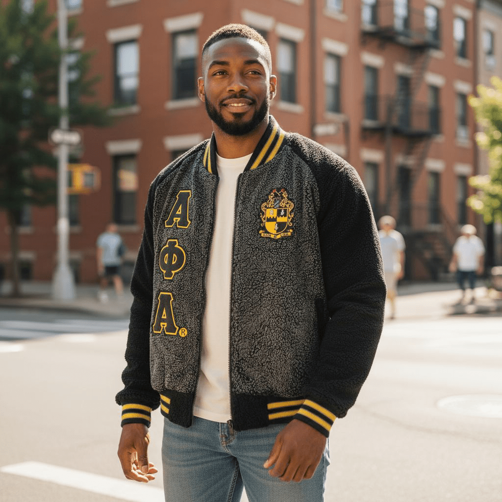 Alpha Phi Alpha Sherpa Bomber Jacket - Warm Sherpa Satin Lining Fraternity