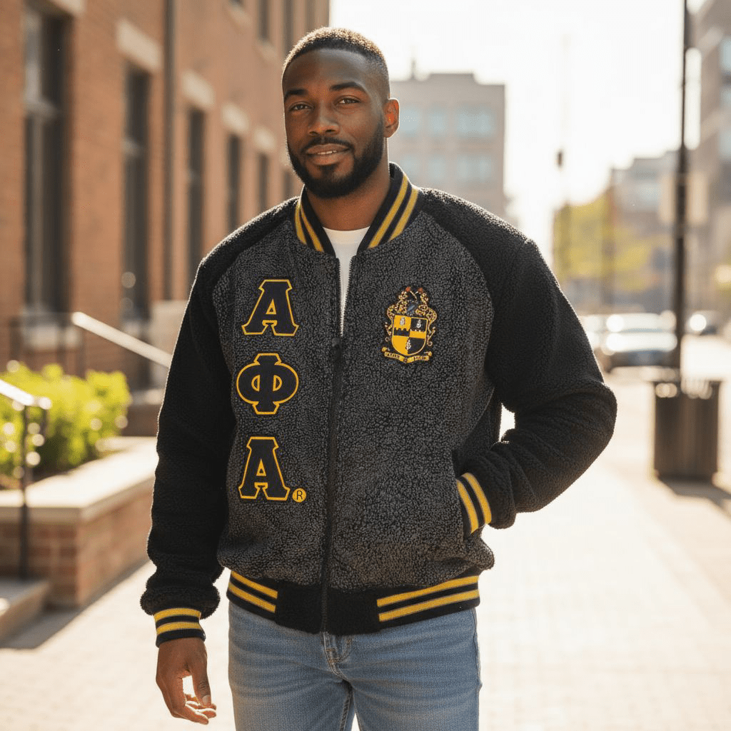 Alpha Phi Alpha Sherpa Bomber Jacket - Warm Sherpa Satin Lining Fraternity