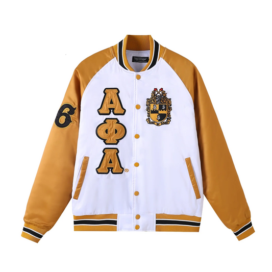 Alpha Phi Alpha white satin bomber jacket with custom black quilted lining. Features embroidered applique A Phi A logos and knit ribbing on the collar and cuffs. High-quality D9 Greek apparel.

