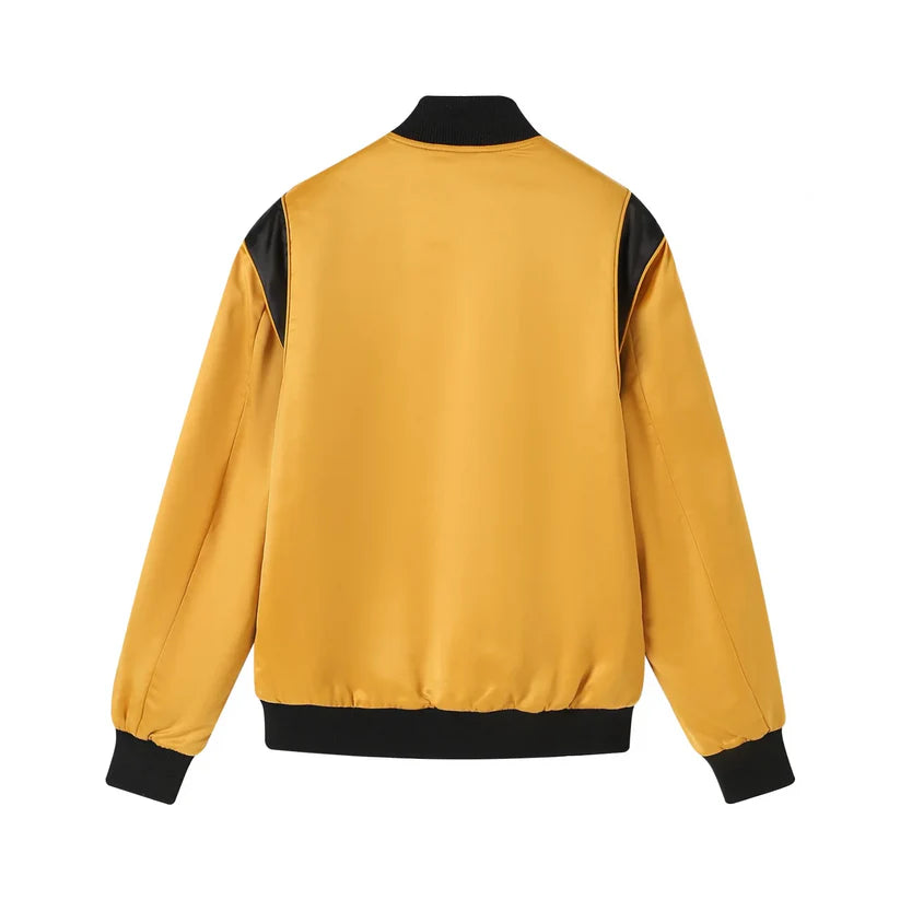 Sleek Alpha Gold & Black Bomber Jacket made from premium satin material for a modern streetwear look.

