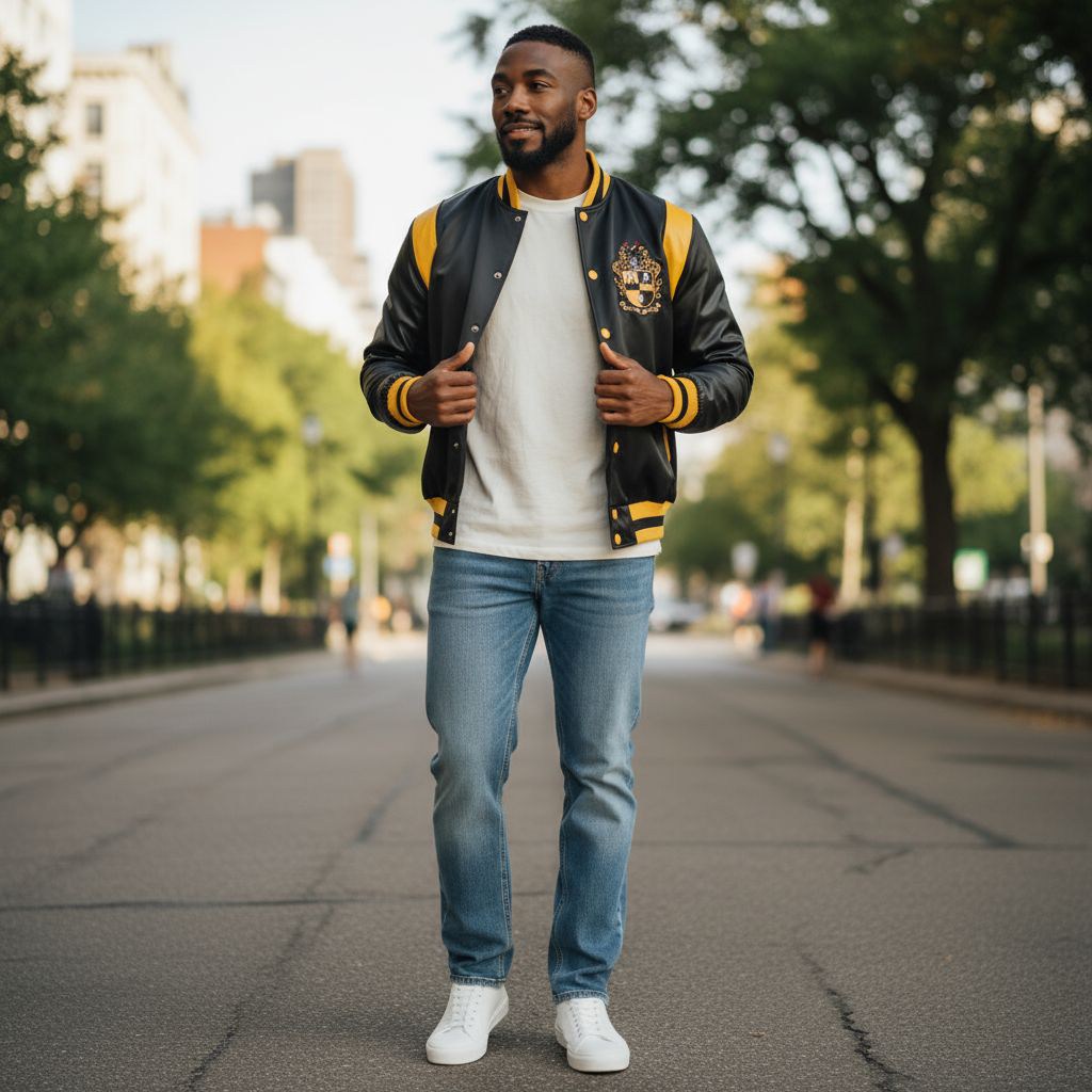 Sleek Alpha Black & Gold Bomber Jacket made from premium satin material for a modern streetwear look.

