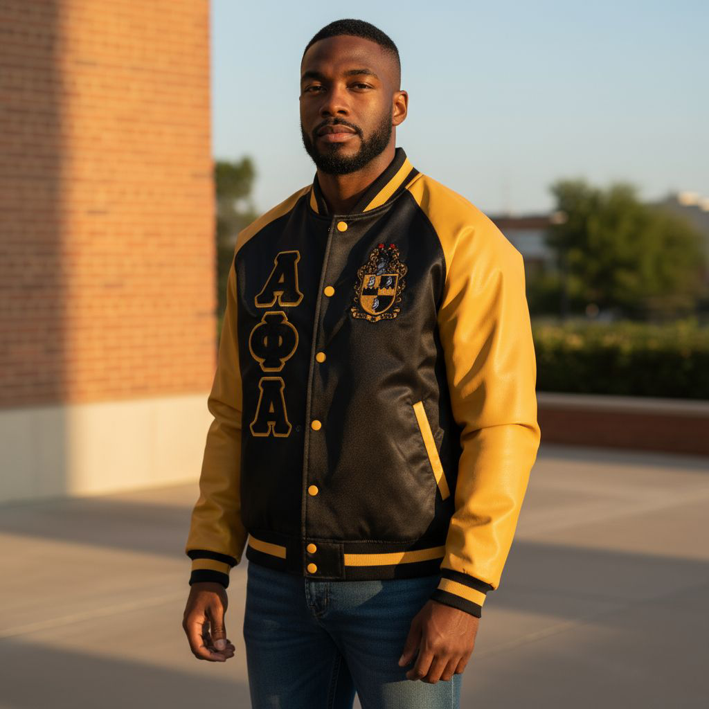 Classic fit Alpha Bomber Jacket in weather-resistant nylon with ribbed details and bold, embroidered applique streetwear style.

