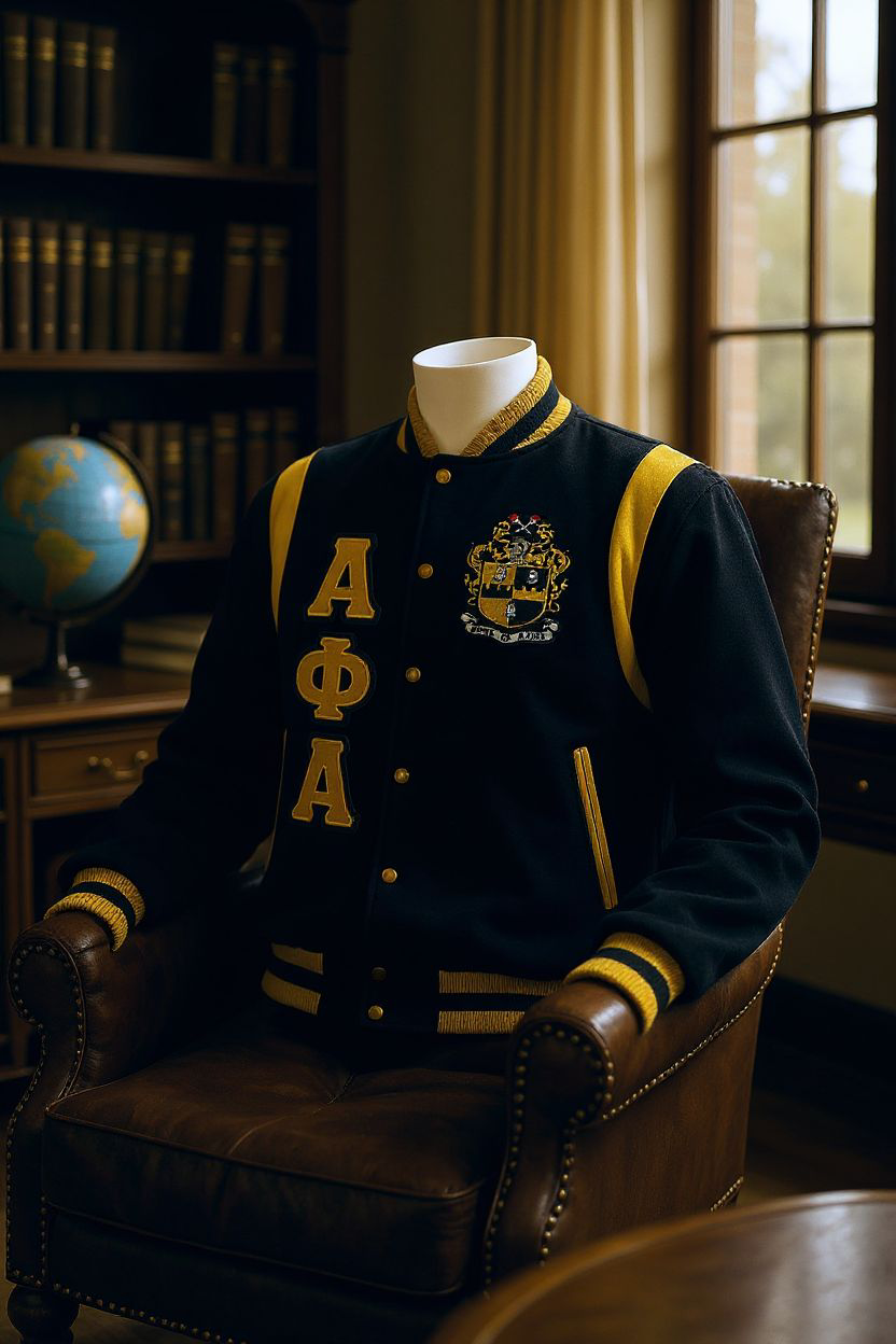 Luxury Alpha Letterman Jacket with soft cashmere wool and leather shoulder detail, finished with custom lining.

