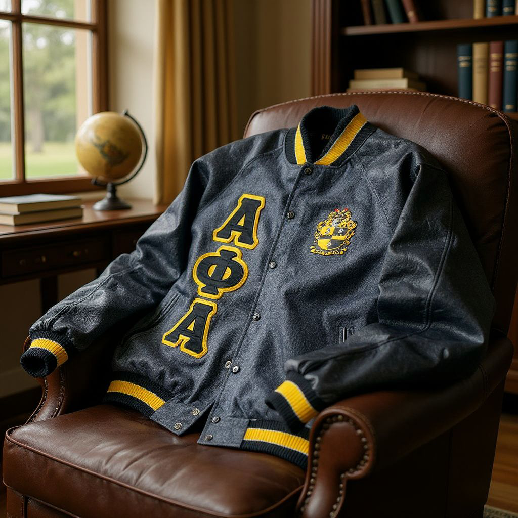Luxurious Alpha Phi Alpha varsity letterman jacket featuring a dark grey 100% cashmere wool body, black 100% leather sleeves, and applique embroidered logos.