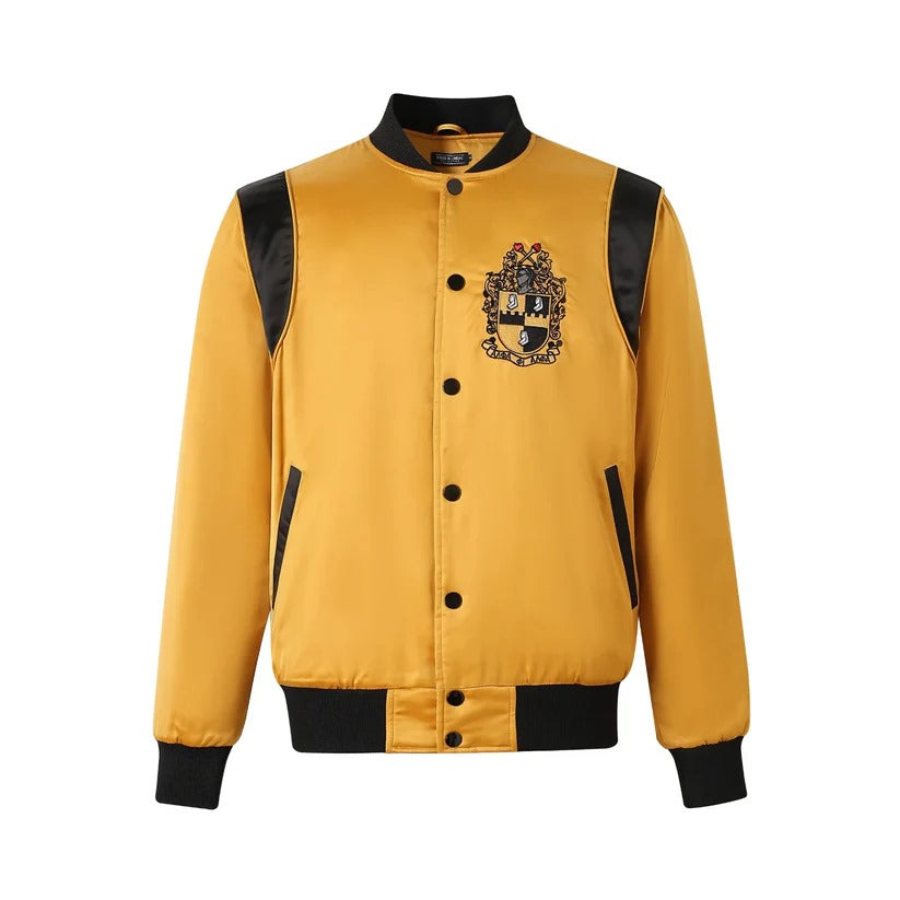 Sleek Alpha Gold & Black Bomber Jacket made from premium satin material for a modern streetwear look.

