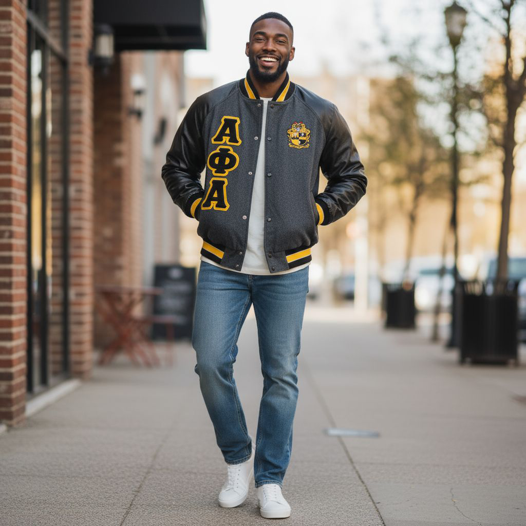 Luxurious Alpha Phi Alpha varsity letterman jacket featuring a dark grey 100% cashmere wool body, black 100% leather sleeves, and applique embroidered logos.