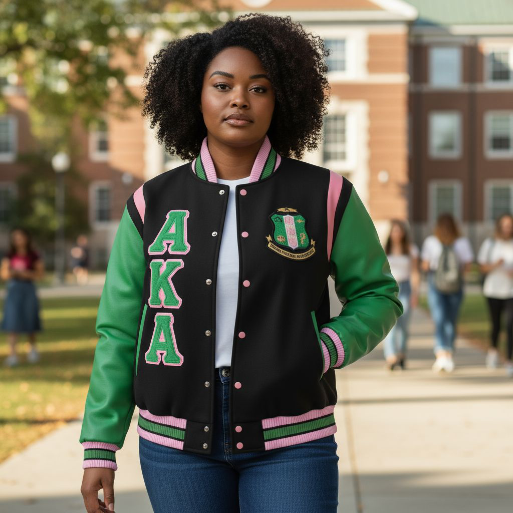 "Unisex Alpha Kappa Alpha (AKA) Letterman Jacket featuring a black 100% wool body, green genuine leather sleeves, pink leather shoulder straps, custom satin lining, embroidered AKA logos, and ribbed neck, cuffs, and waistband for a secure, stylish fit."