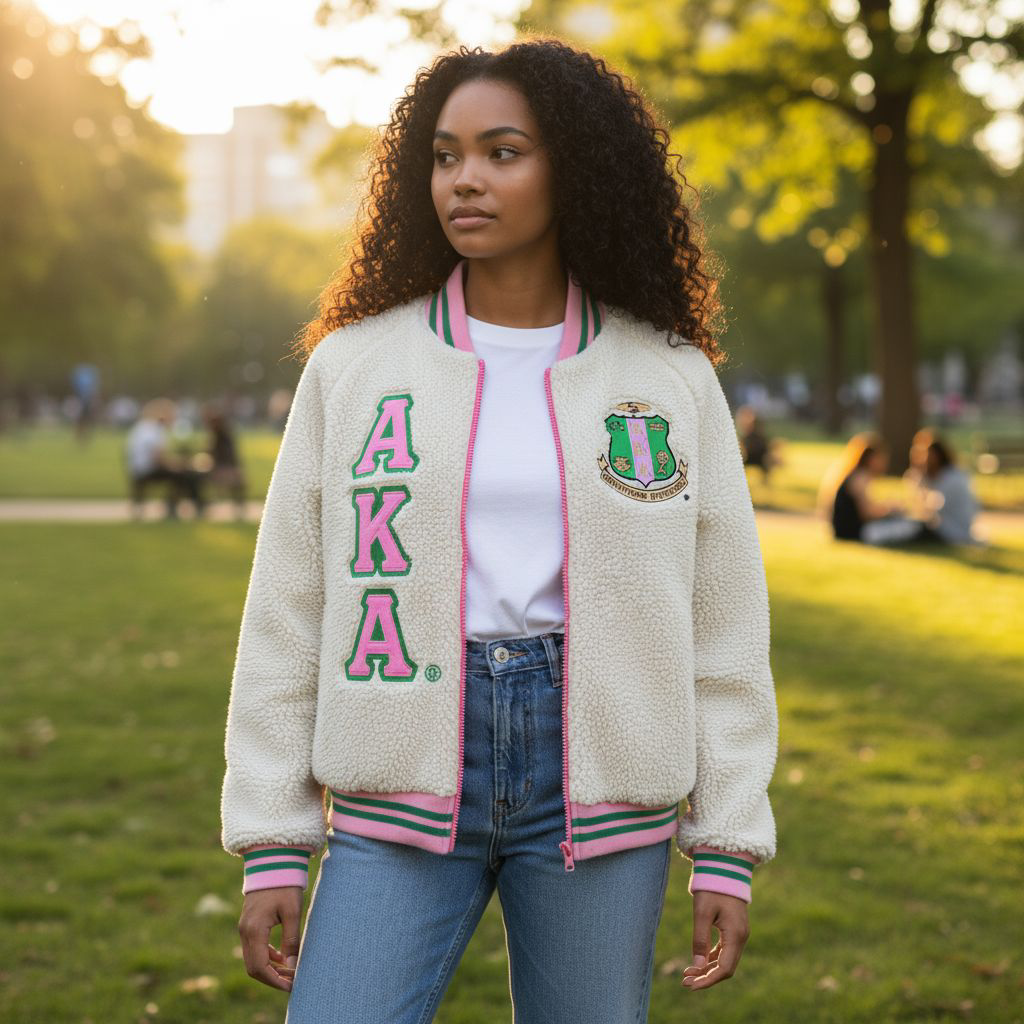 Woman wearing a cream-colored jacket with 'AKA' letters in pink and green, standing in a park.