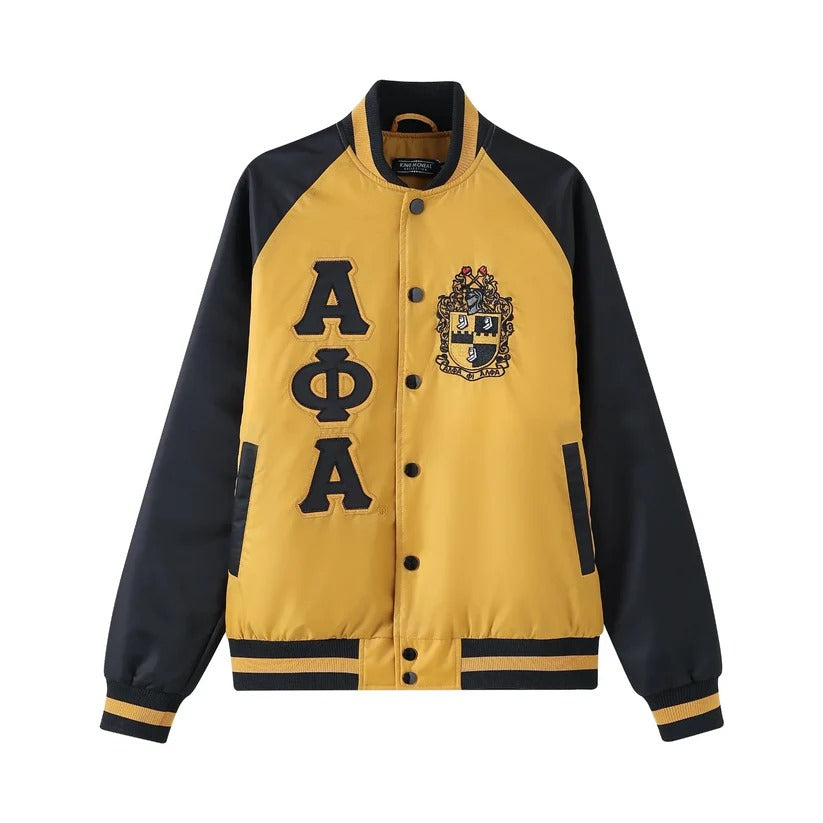 Bold Alpha Old Gold Bomber Jacket featuring a durable nylon material, black sleeves, and custom lining for streetwear style.

