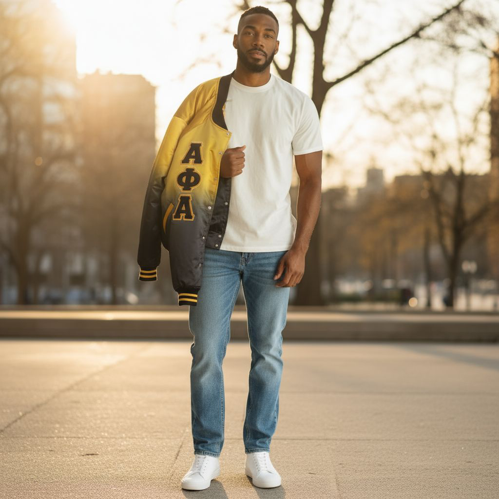 Alpha Phi Alpha satin bomber jacket with old gold fade to black gradient design and embroidered logos.

