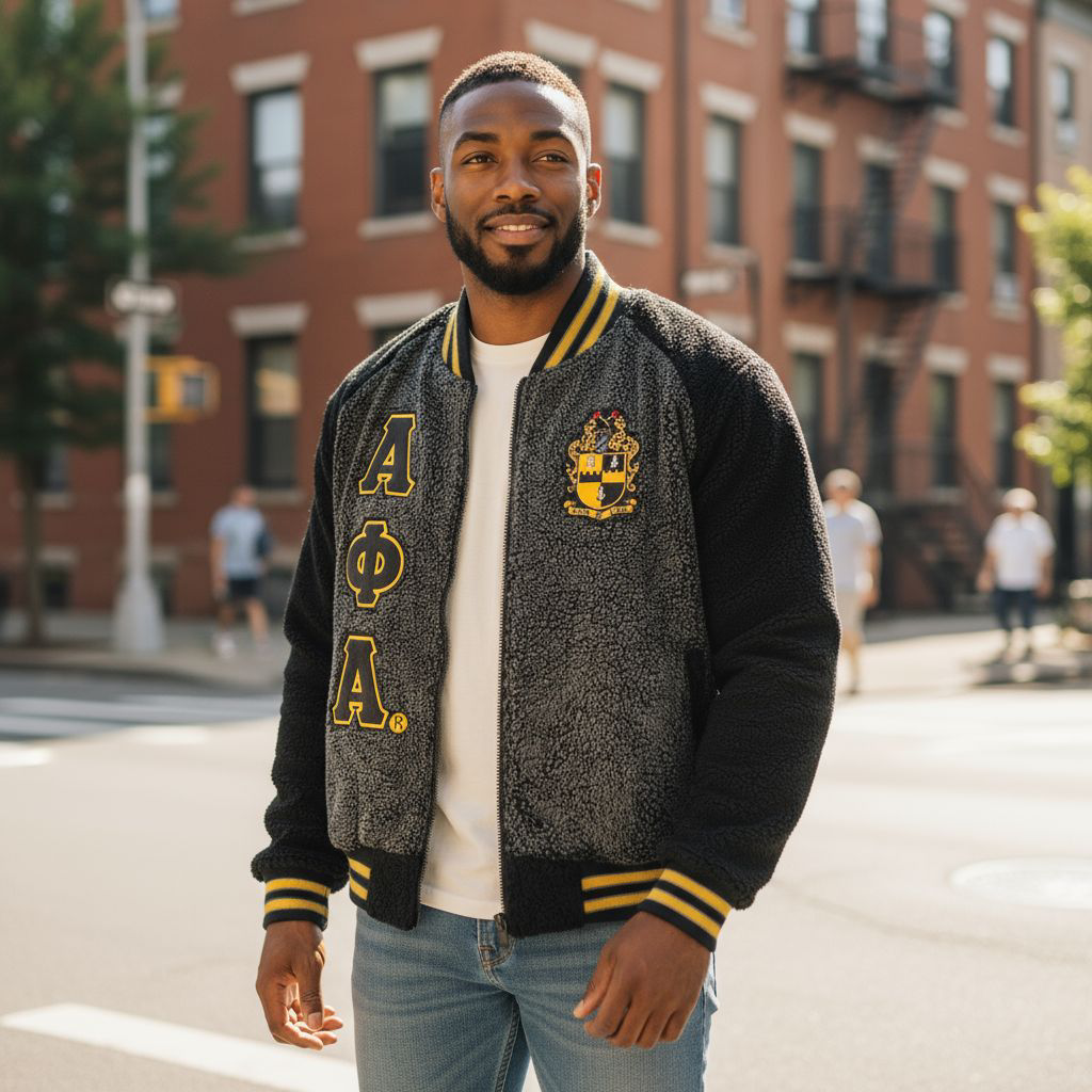 Alpha Sherpa Bomber Jacket with plush sherpa outer shell and satin lining.

