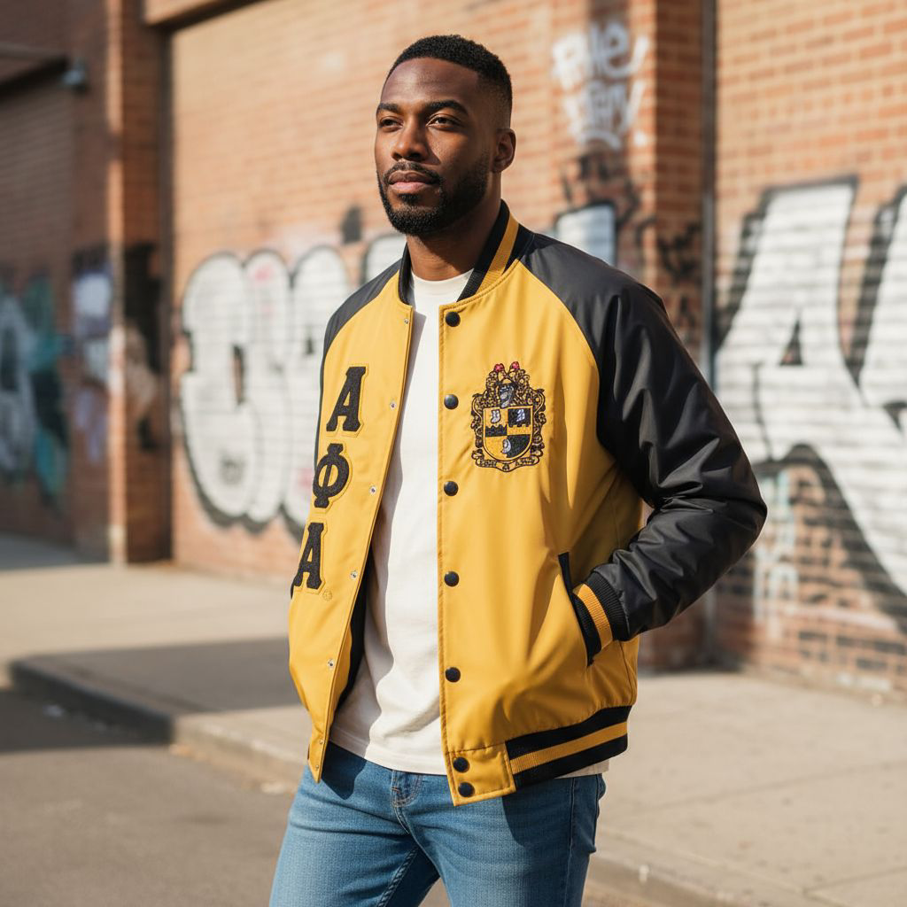 Bold Alpha Old Gold Bomber Jacket featuring a durable nylon material, black sleeves, and custom lining for streetwear style.

