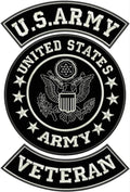 Black U.S Army Veteran Iron on 3 Large Back Patches Set for Biker Vest Jacket (White on Black)