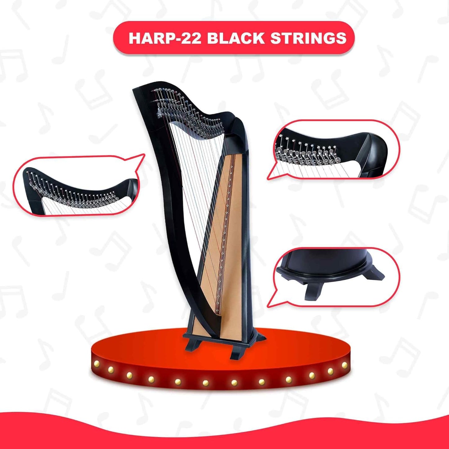 Celtic Lever Harp 22 String Black - Round Irish Style w/ Bag, Tuning Key & Strings