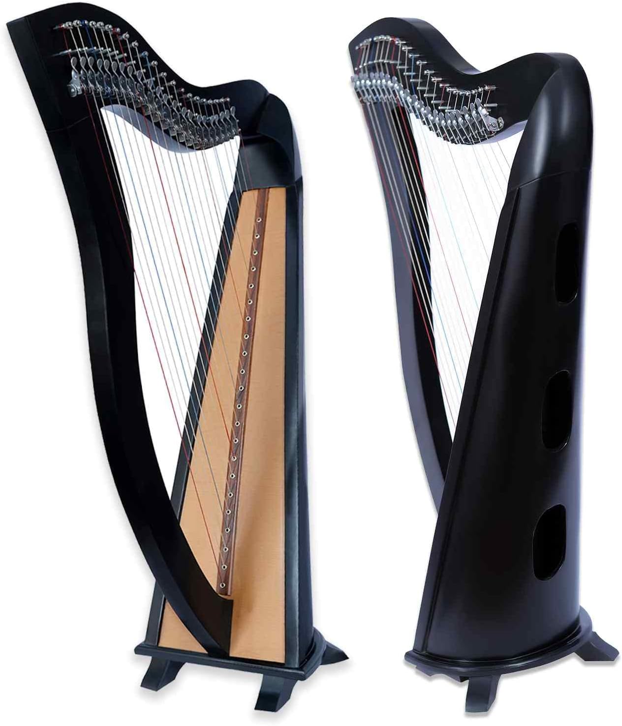 Celtic Lever Harp 22 String Black - Round Irish Style w/ Bag, Tuning Key & Strings