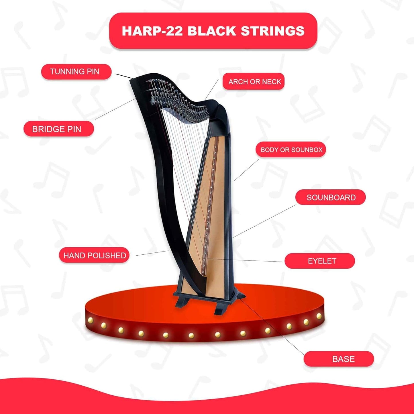 Celtic Lever Harp 22 String Black - Round Irish Style w/ Bag, Tuning Key & Strings