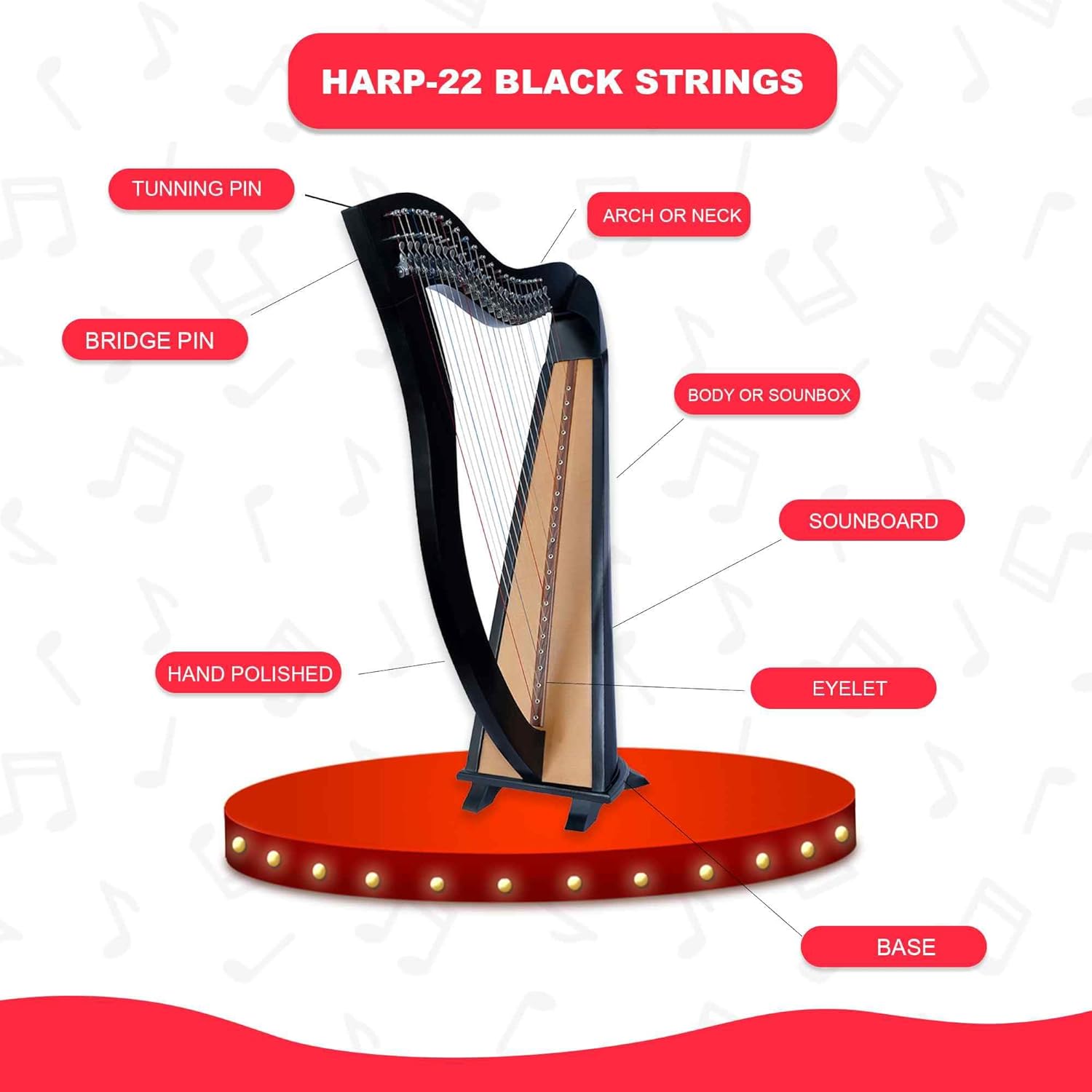 Celtic Lever Harp 22 String Black - Round Irish Style w/ Bag, Tuning Key & Strings