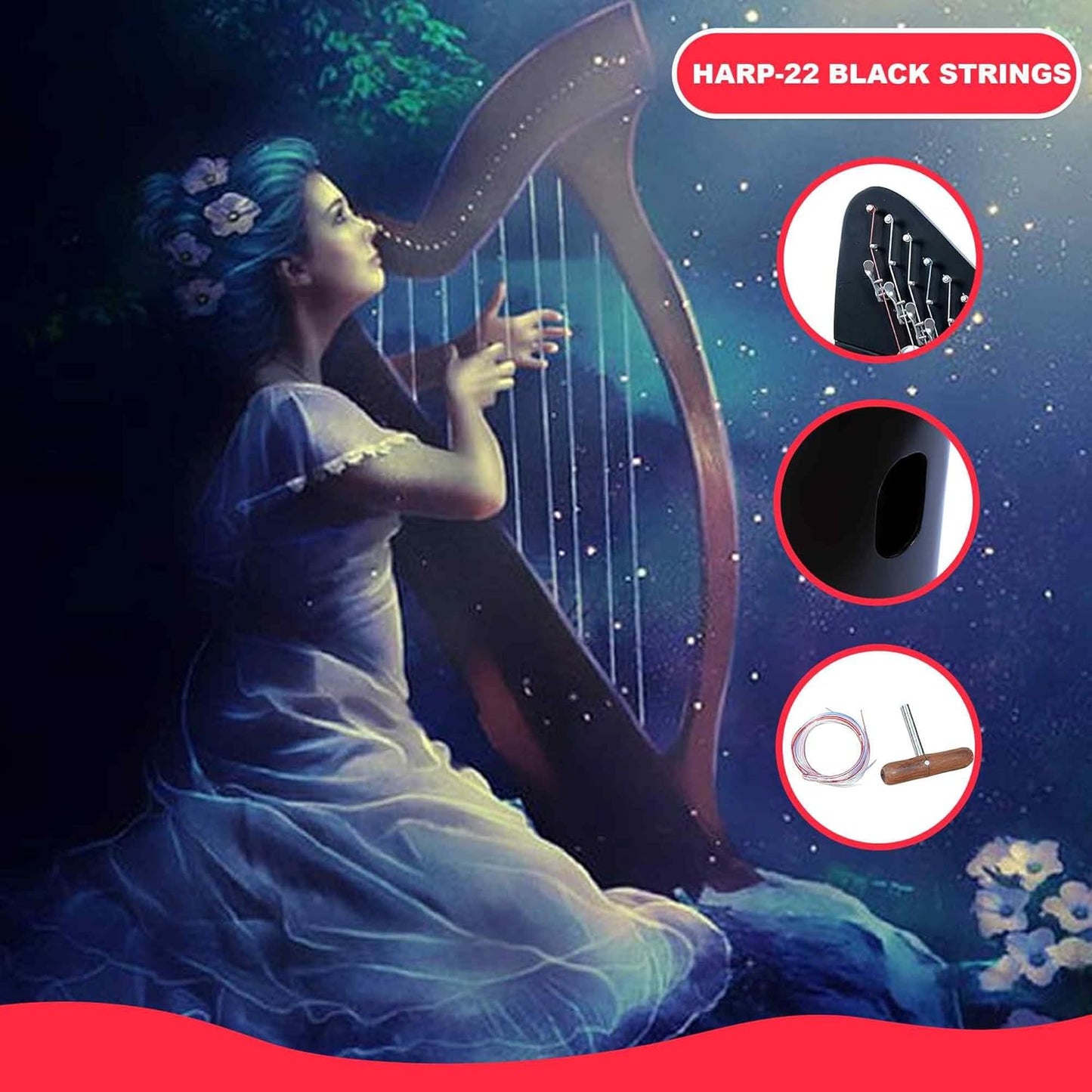 Celtic Lever Harp 22 String Black - Round Irish Style w/ Bag, Tuning Key & Strings