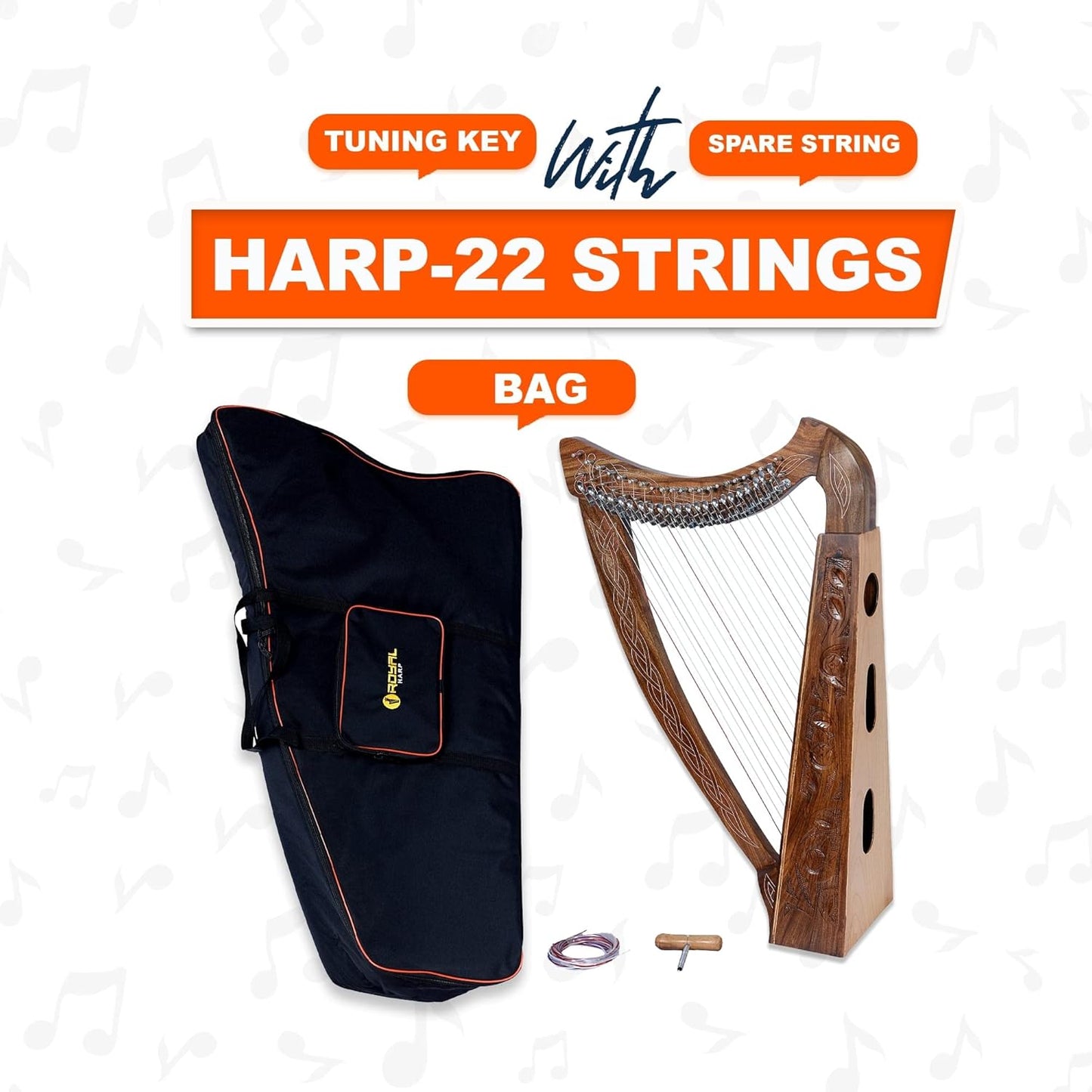 Celtic Lever Harp 22 String Brown - Irish Style w/ Bag, Tuning Key & Strings