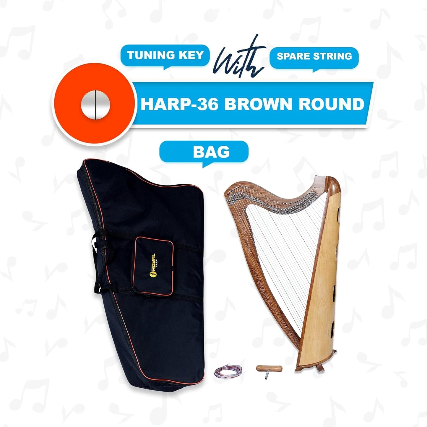 Celtic Lever Harp 36 String Brown - Round Irish Style w/ Bag, Tuning Key & Strings