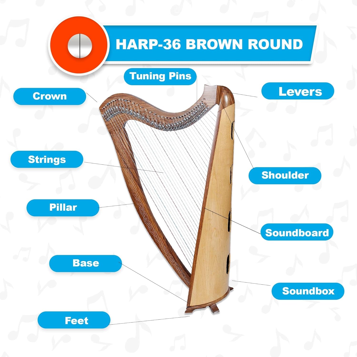 Celtic Lever Harp 36 String Brown - Round Irish Style w/ Bag, Tuning Key & Strings