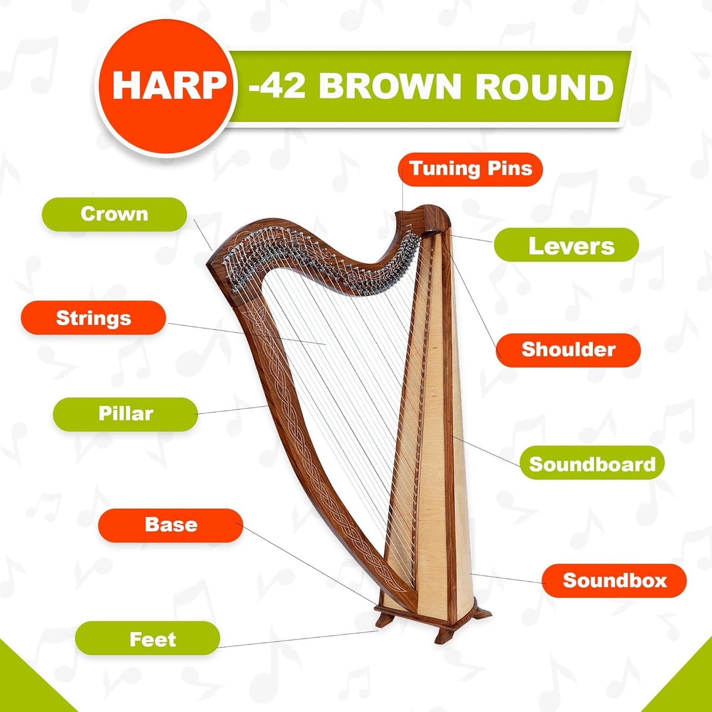 Celtic Lever Harp 42 String Brown - Round Irish Style w/ Extra Strings & Tuner