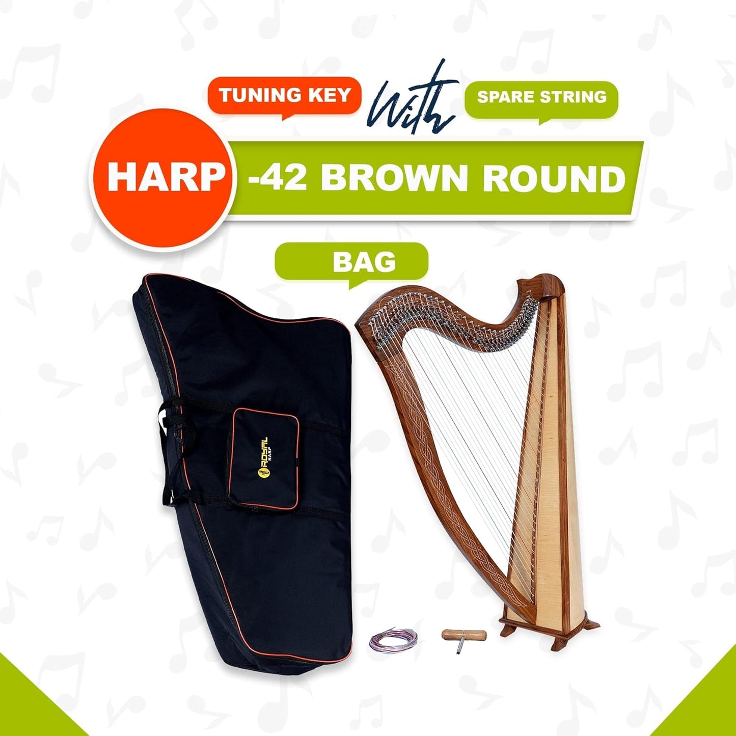 Celtic Lever Harp 42 String Brown - Round Irish Style w/ Extra Strings & Tuner
