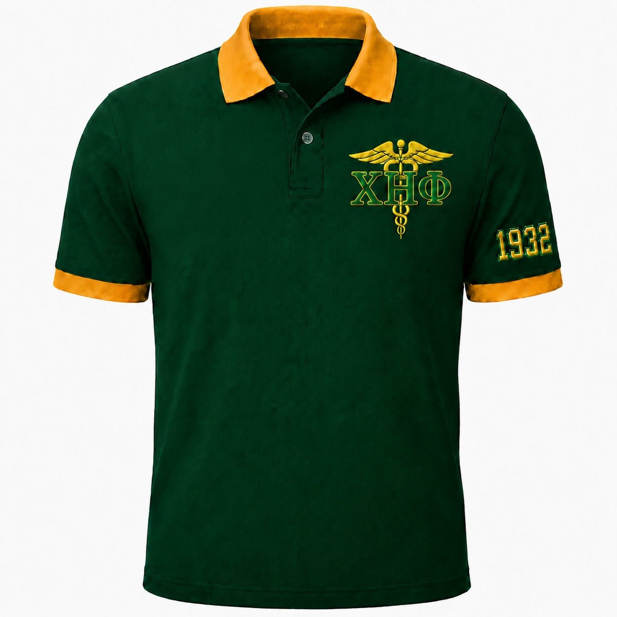 Chi Eta Phi Green & Gold Polo Shirt | 1932 Embroidered Nursing Sorority Polo