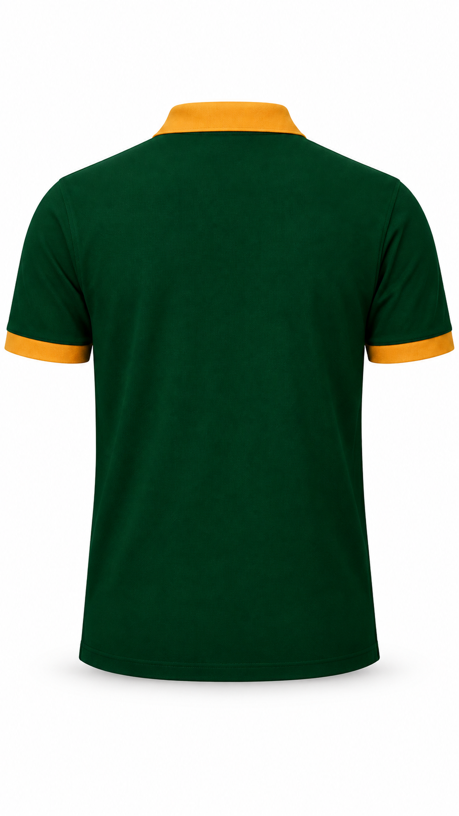 Plain back view of a dark green Chi Eta Phi polo shirt with gold collar and matching sleeve cuffs