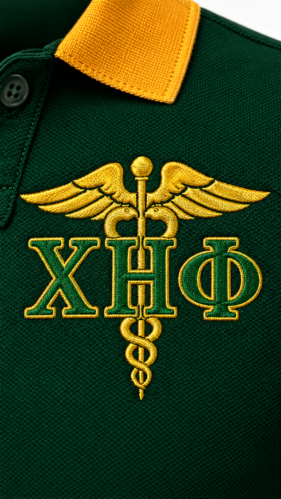 Detailed gold Chi Eta Phi winged medical emblem and Greek-letter embroidery on dark green polo fabric