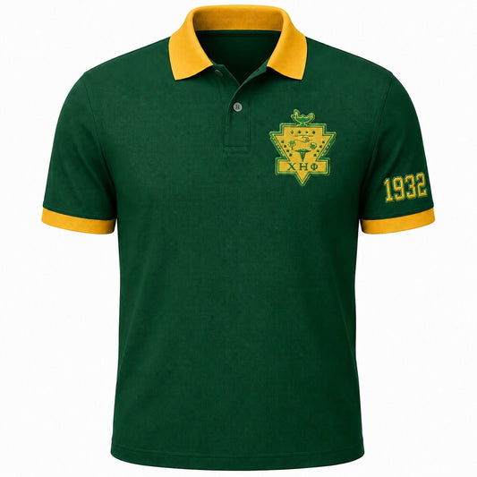 Chi Eta Phi Shield Green & Gold Polo Shirt | 1932 Embroidered Nursing Sorority Polo