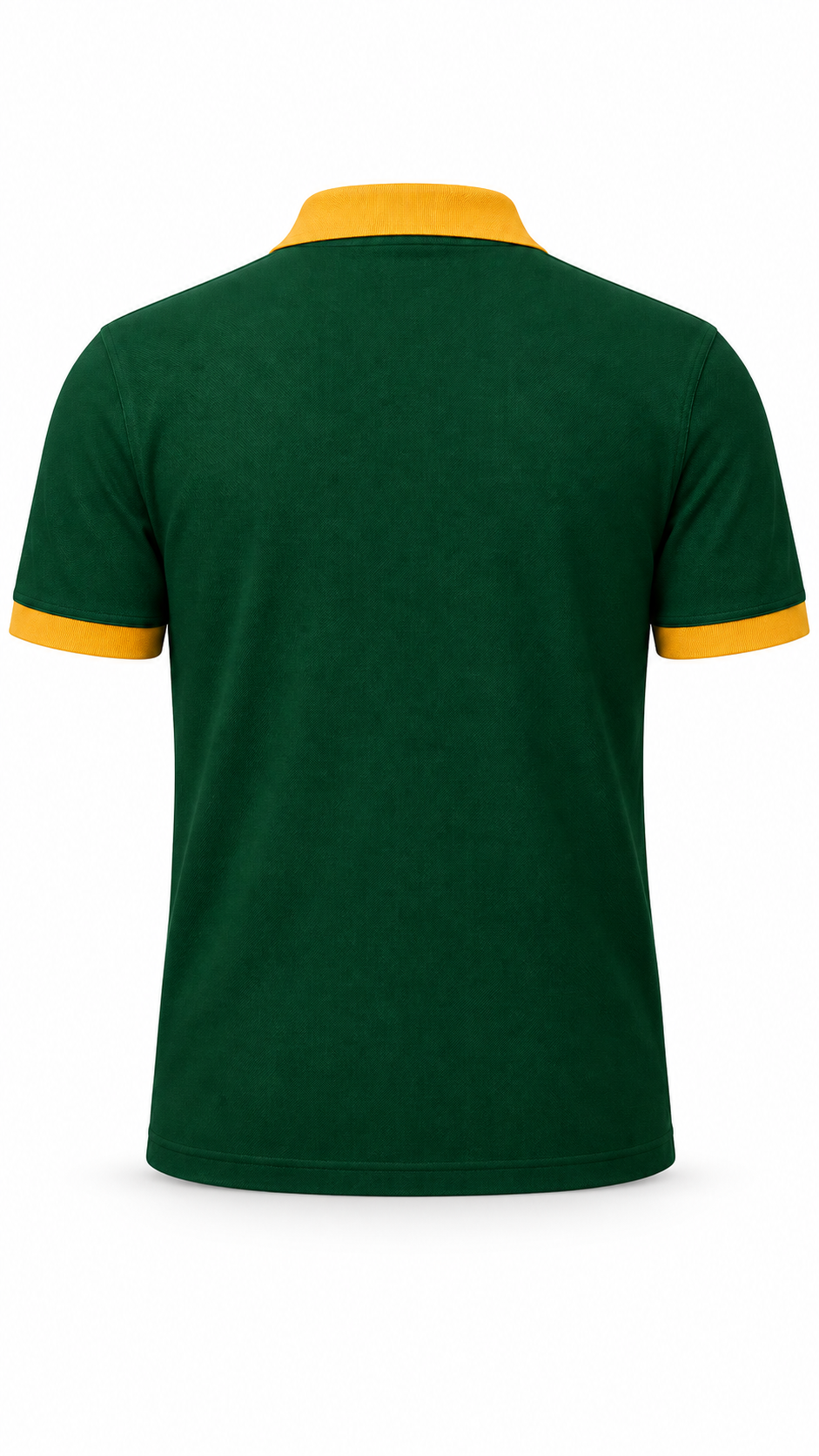 Plain back view of a dark green Chi Eta Phi polo shirt with gold collar and matching sleeve cuffs