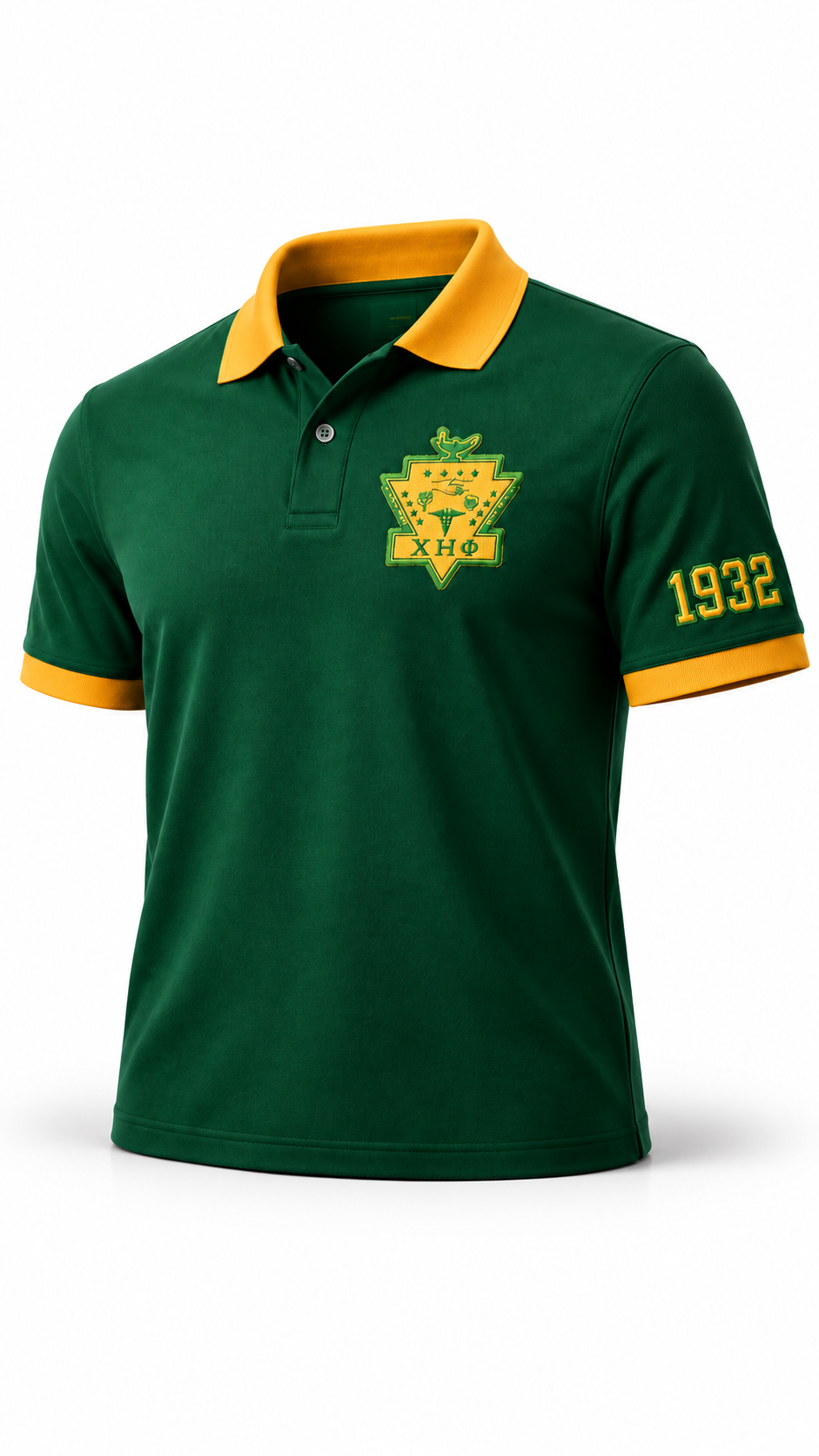 Chi Eta Phi dark green and gold polo with embroidered shield crest and 1932 sleeve detail