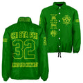Green jacket with yellow text and logos on a white background