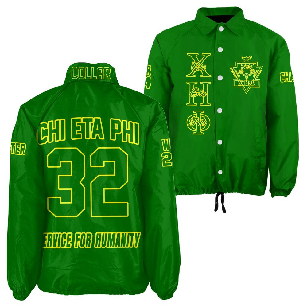 Green jacket with yellow text and logos on a white background