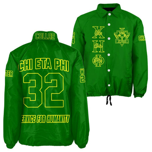 Green jacket with yellow text and logos on a white background