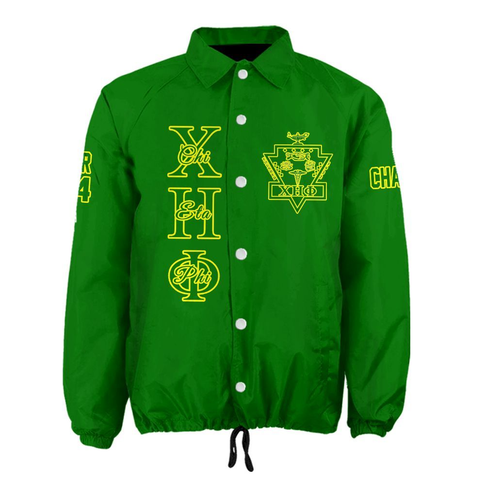 Green jacket with yellow designs and text on a white background