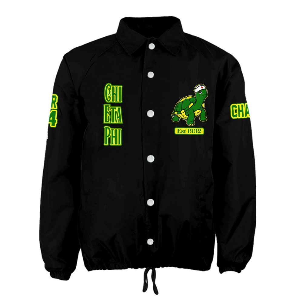 Black jacket with green and yellow graphics and text on a white background