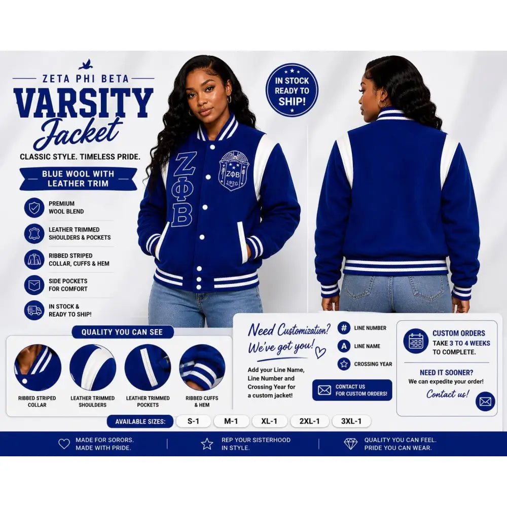 Classic Zeta Phi Beta Varsity Jacket Vintage Style Wool Sorority Jacket Leather Trim Bomber Jacket Ready To Ship Custom Orders