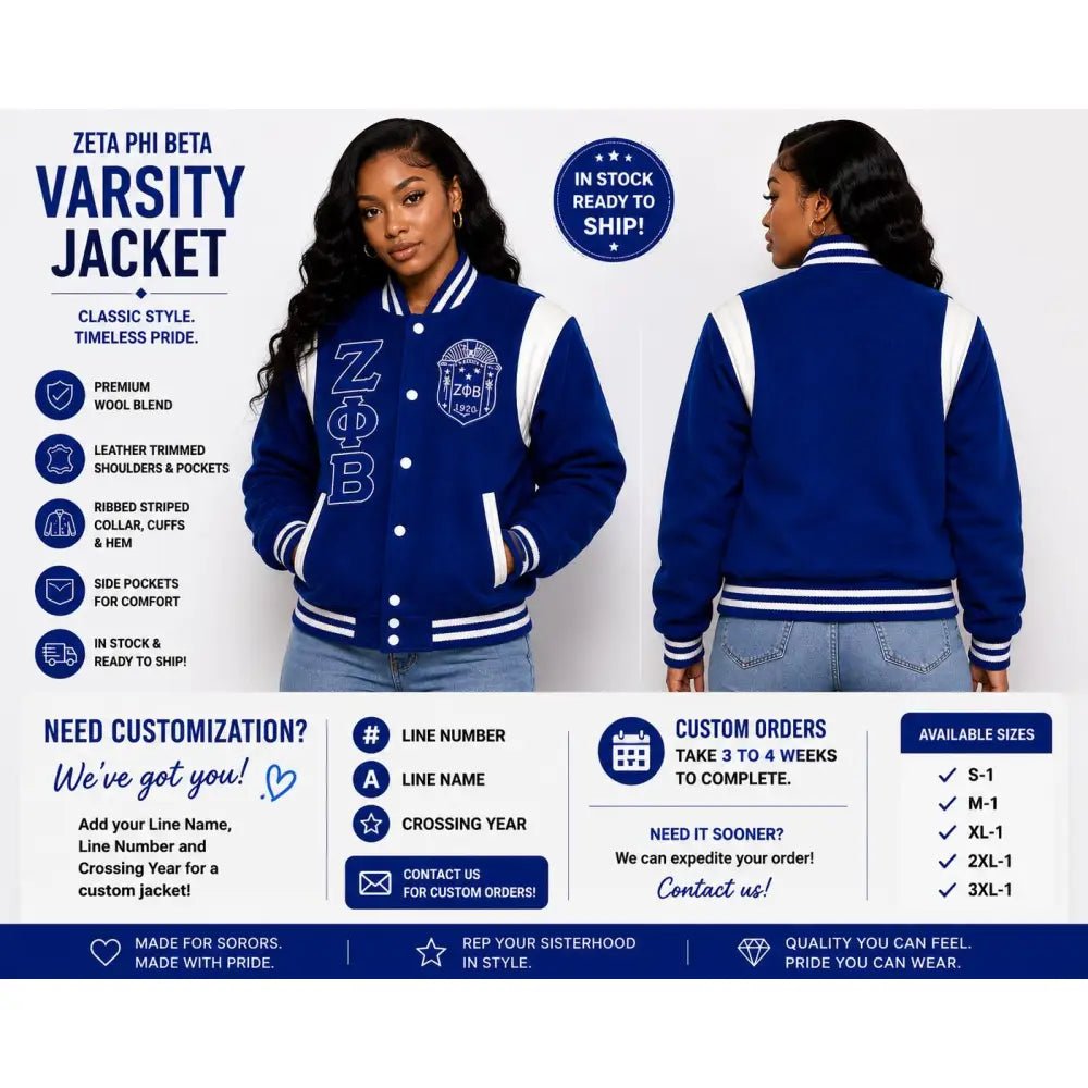 Classic Zeta Phi Beta Varsity Jacket Vintage Style Wool Sorority Jacket Leather Trim Bomber Jacket Ready To Ship Custom Orders
