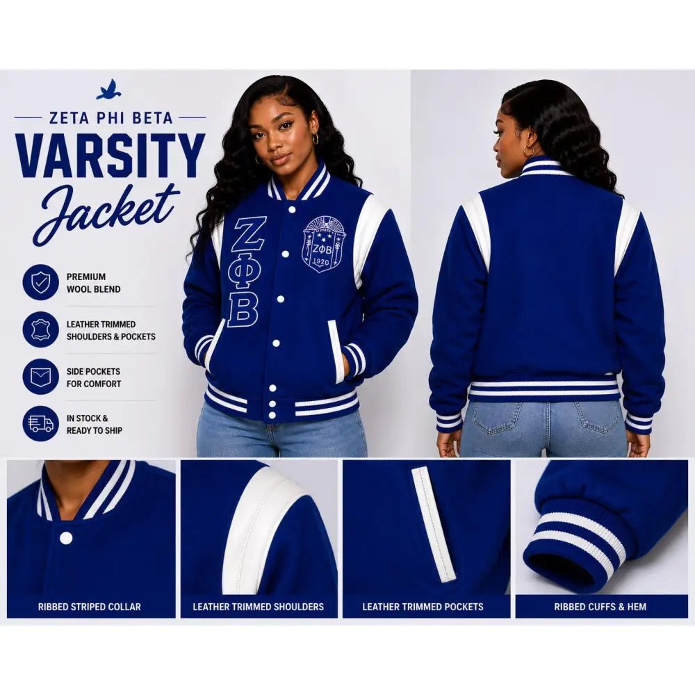 Classic Zeta Phi Beta Varsity Jacket Vintage Style Wool Sorority Jacket Leather Trim Bomber Jacket Ready To Ship Custom Orders