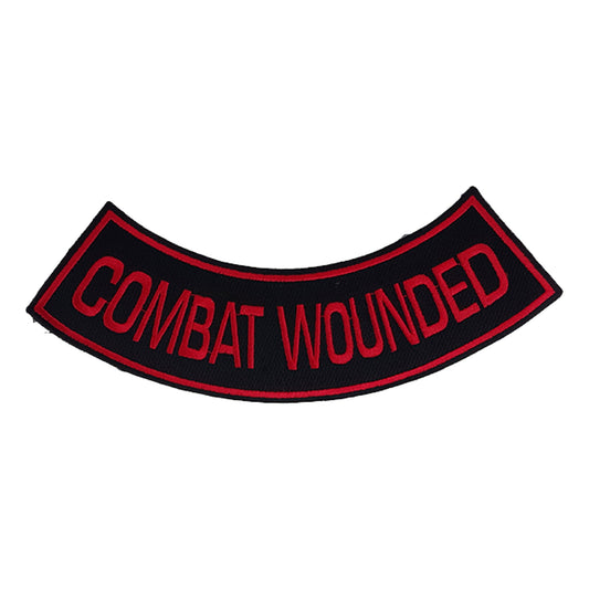 Combat Wounded Bottom Rocker Patch - Red on Black Iron On Sew On Large Back Patch for Biker Vest Jacket