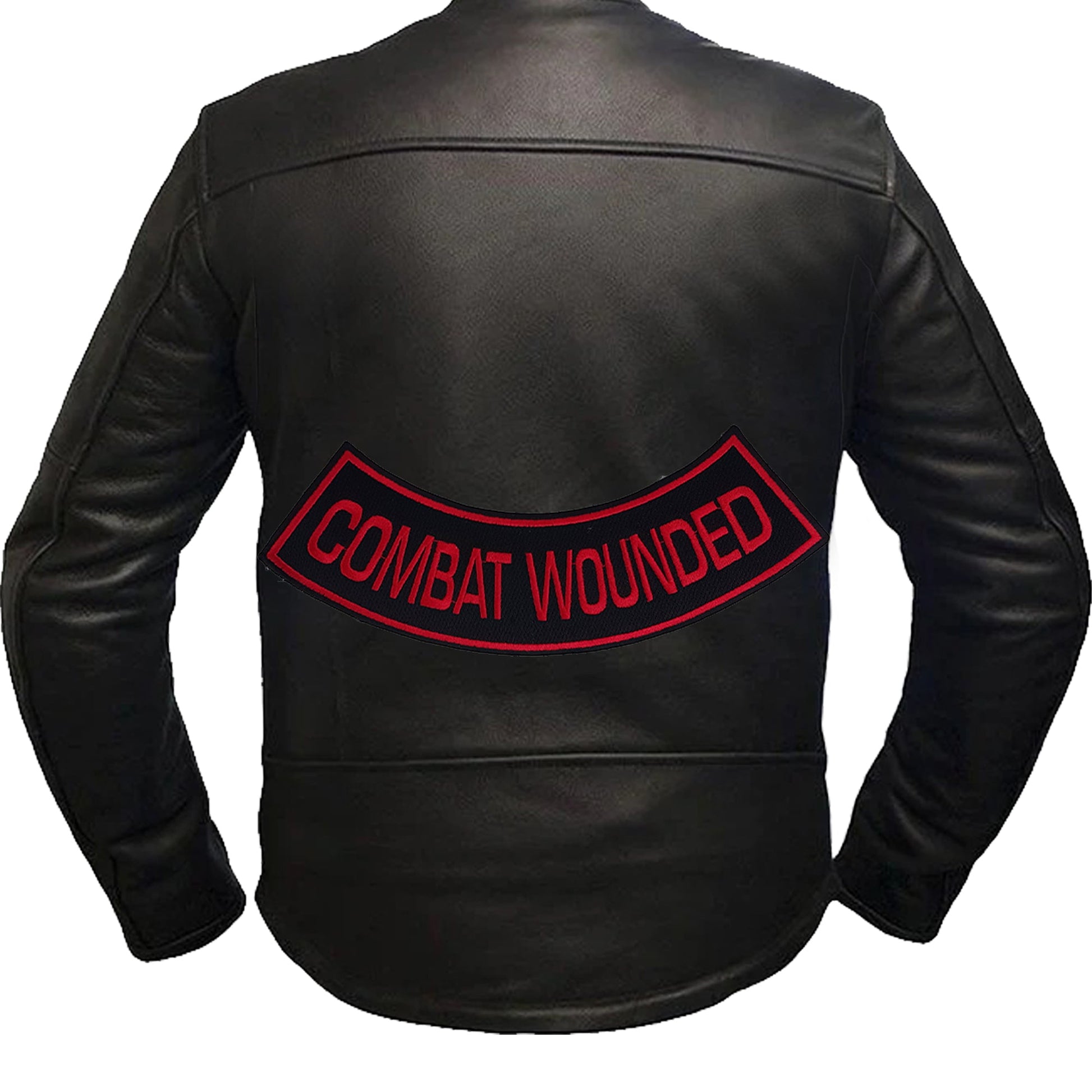 Combat Wounded Bottom Rocker Patch - Red on Black Iron On Sew On Large Back Patch for Biker Vest Jacket